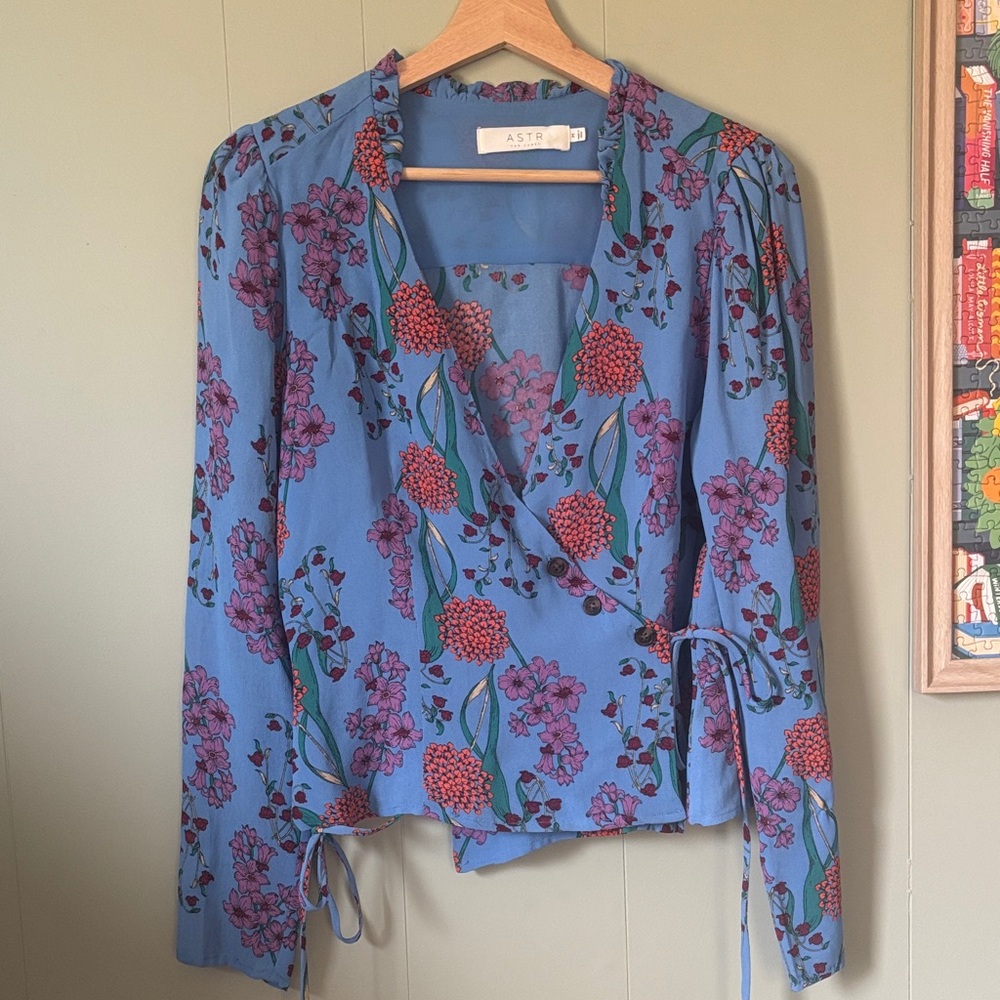 Astr Floral Wrap Blouse in Blue and Purple
